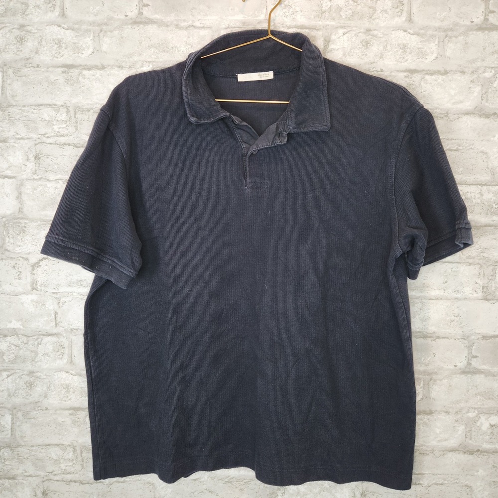 Zara Knit Polo Navy Blue Ribbed Short Sleeve Casual Classic Size M